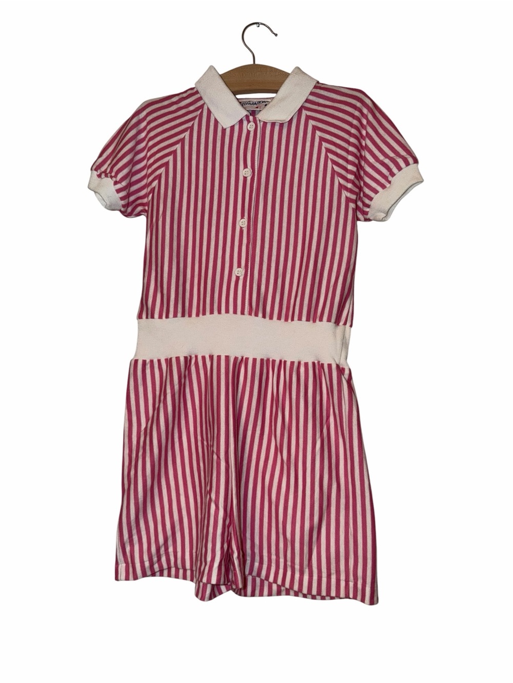 Vtg Celebrations girls pink white striped romper play suit sz 6x LG 80-90